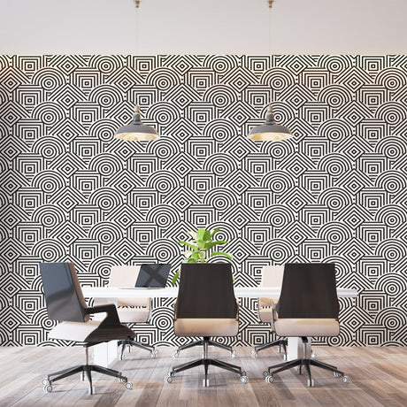 Modern geometric wallpaper in sleek living room showing black and white Art Deco pattern creating depth