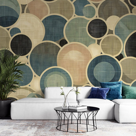 Geometric circle wallpaper in modern living room showing blue and beige Art Deco pattern creating depth and movement