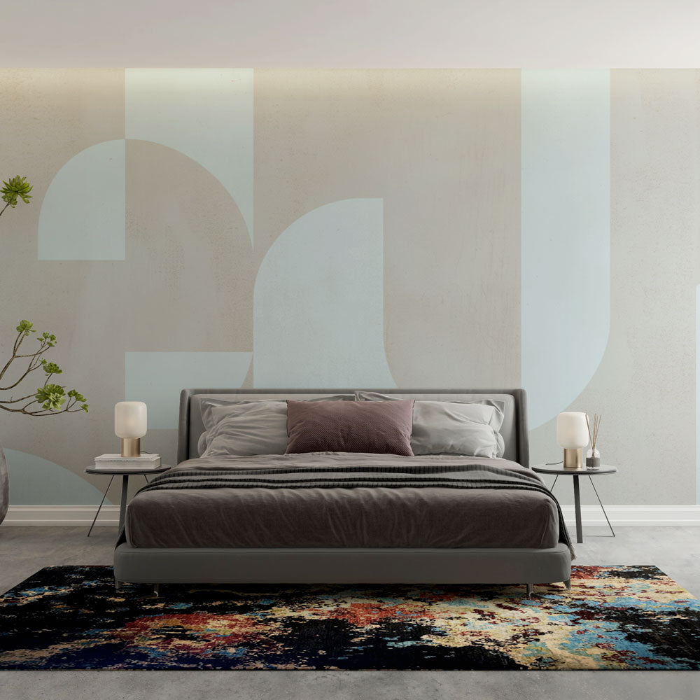 Geometric wallpaper with curved shapes in a modern living room, adding depth with soft beige and mint-blue tones