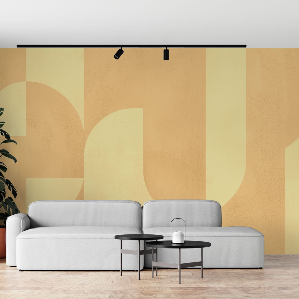 Geometric Art Deco wallpaper with curved shapes in beige tones creating an elegant atmosphere in a modern living room