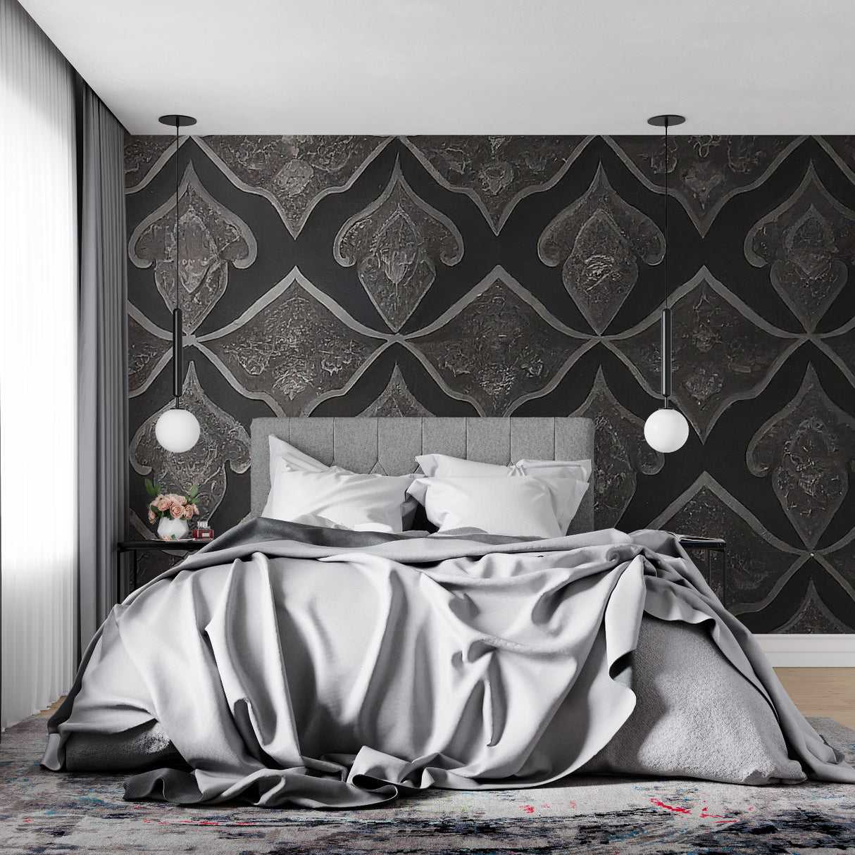 Grey diamond wallpaper in master bedroom with luxury bedding