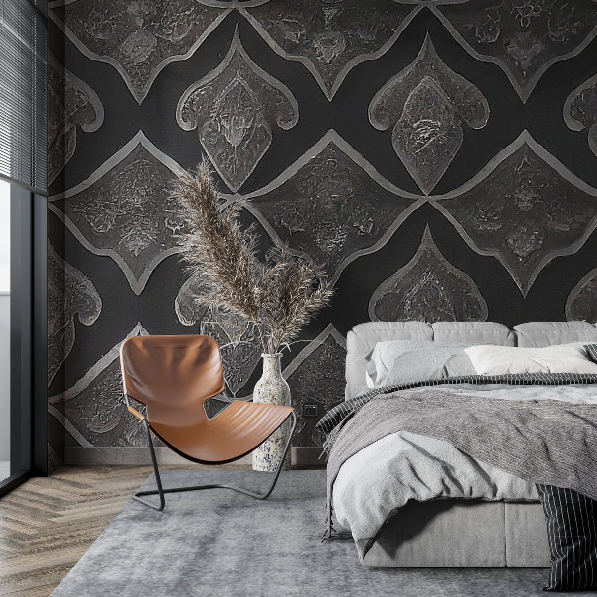 Metallic geometric wallpaper in home office with minimalist desk