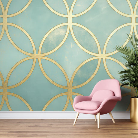 Geometric gold circle wallpaper in a modern dining room, metallic details catching evening light for an elegant atmosphere