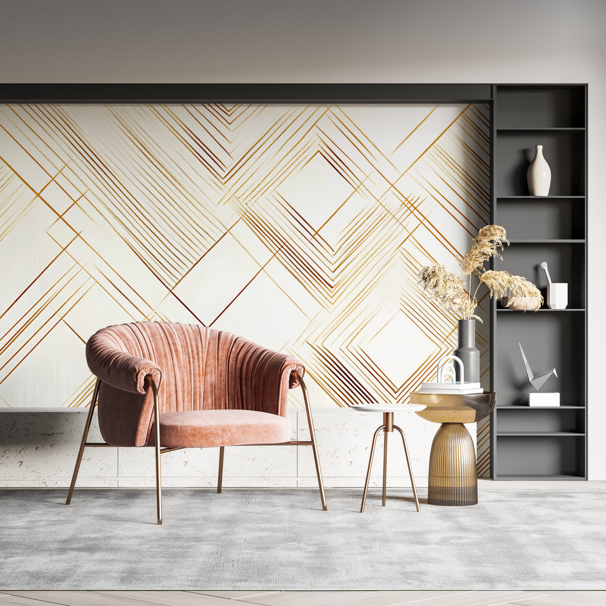 Elegant dining room featuring geometric gold line wallpaper with pendant lighting
