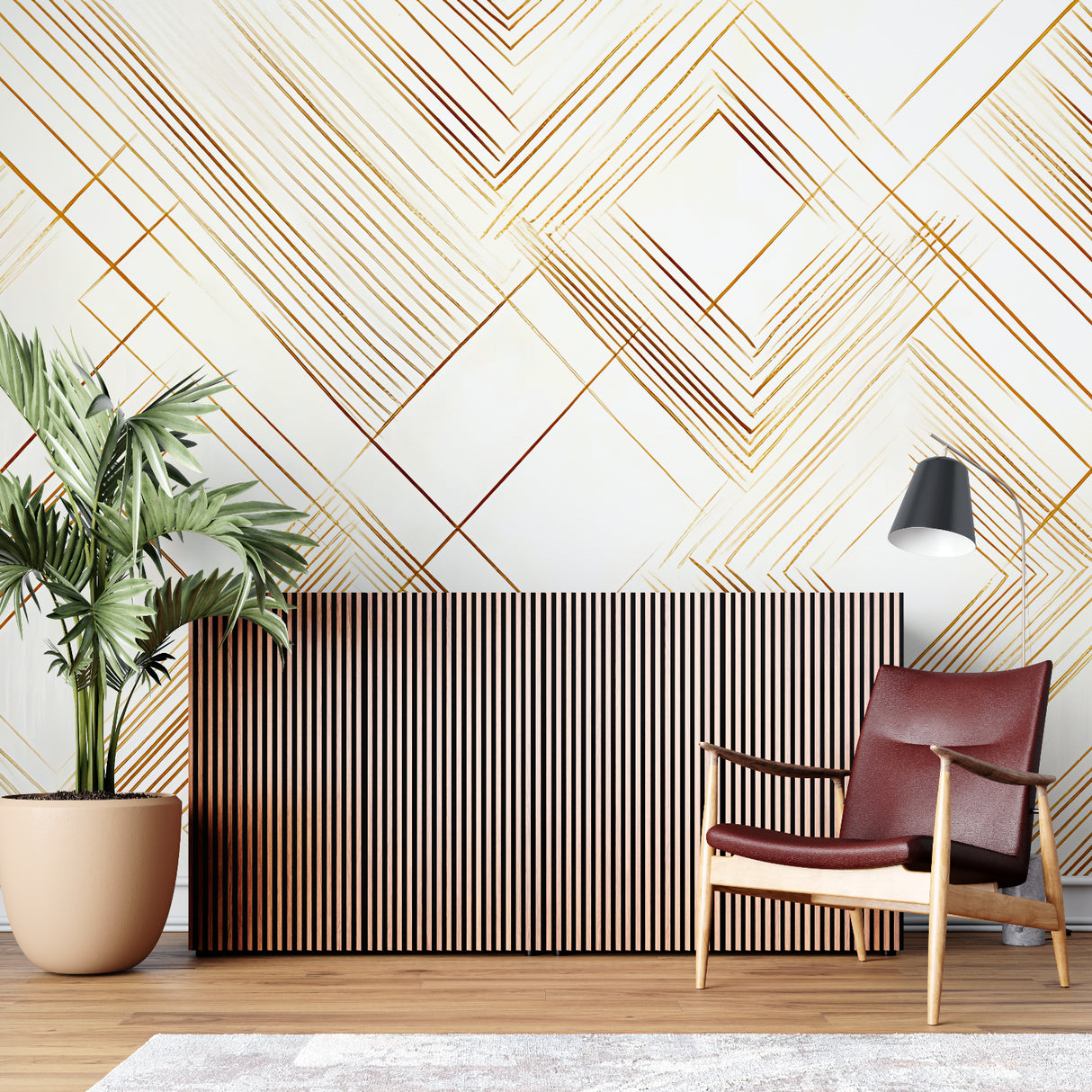 Home office with Art Deco geometric wallpaper showing gold metallic pattern
