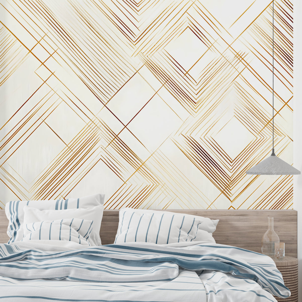 Master bedroom with gold geometric wall mural creating luxury hotel feel