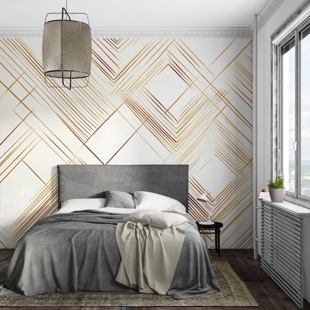 Hallway transformed with Art Deco gold line pattern wallpaper