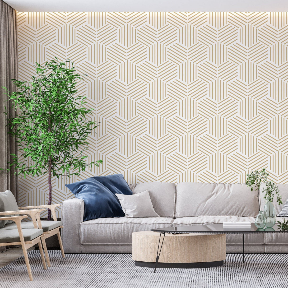 Geometric gold art deco wallpaper in modern living room creating sophisticated atmosphere with clean lines
