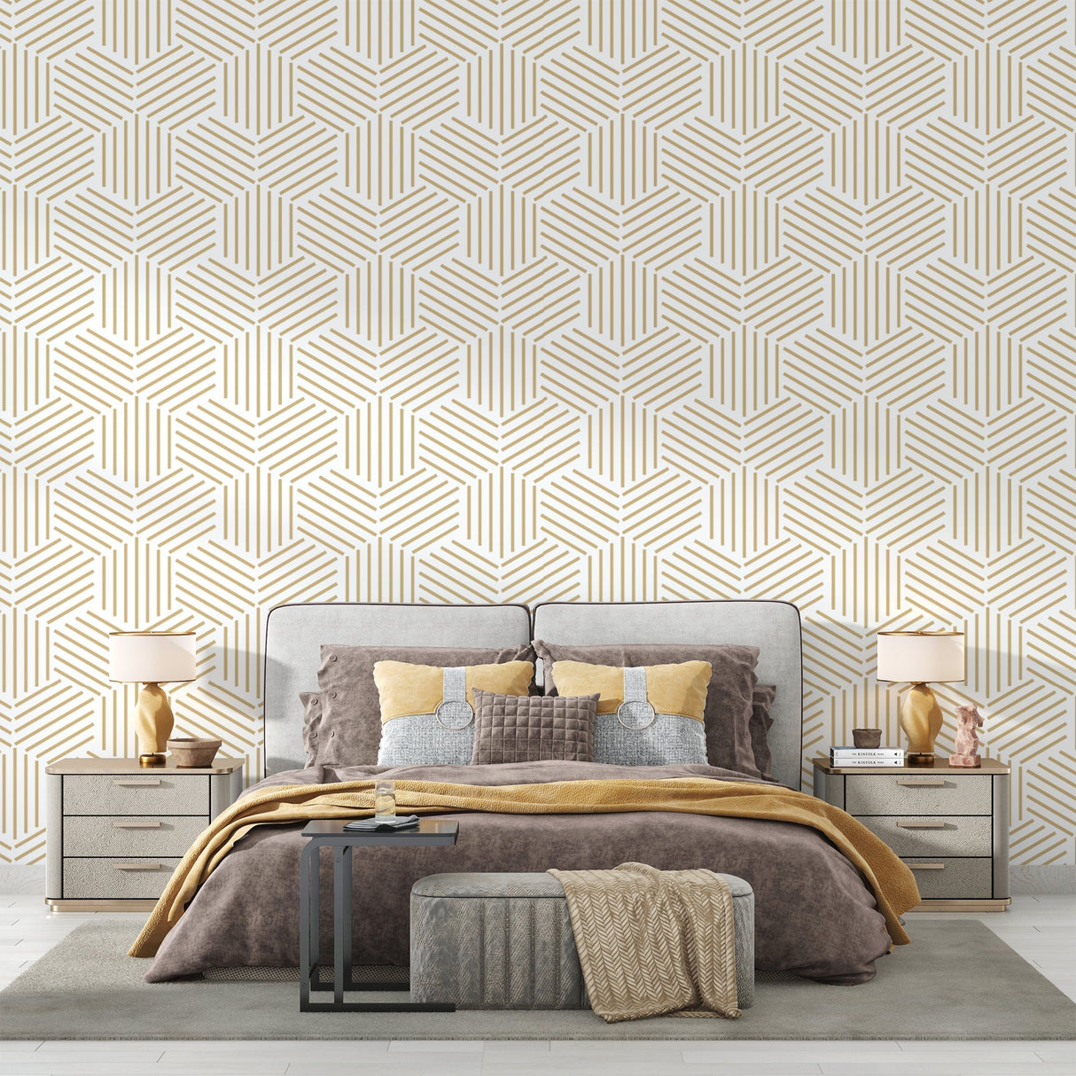 Art deco geometric wallpaper adding luxury to master bedroom with gold pattern details