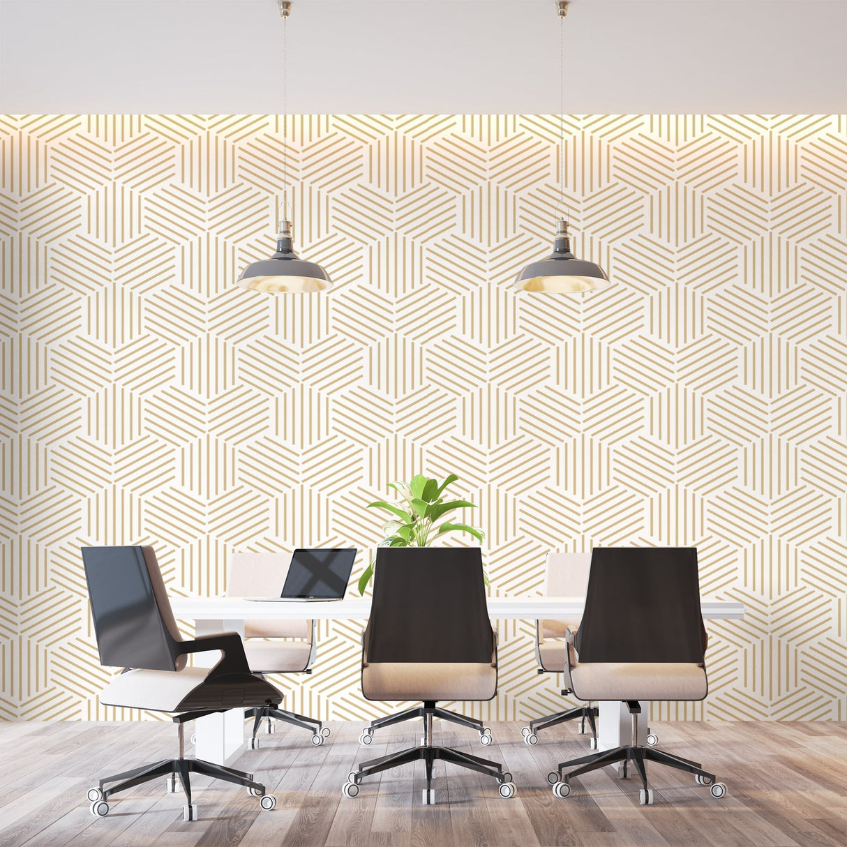 Gold geometric pattern wallpaper making statement in dining room with evening lighting