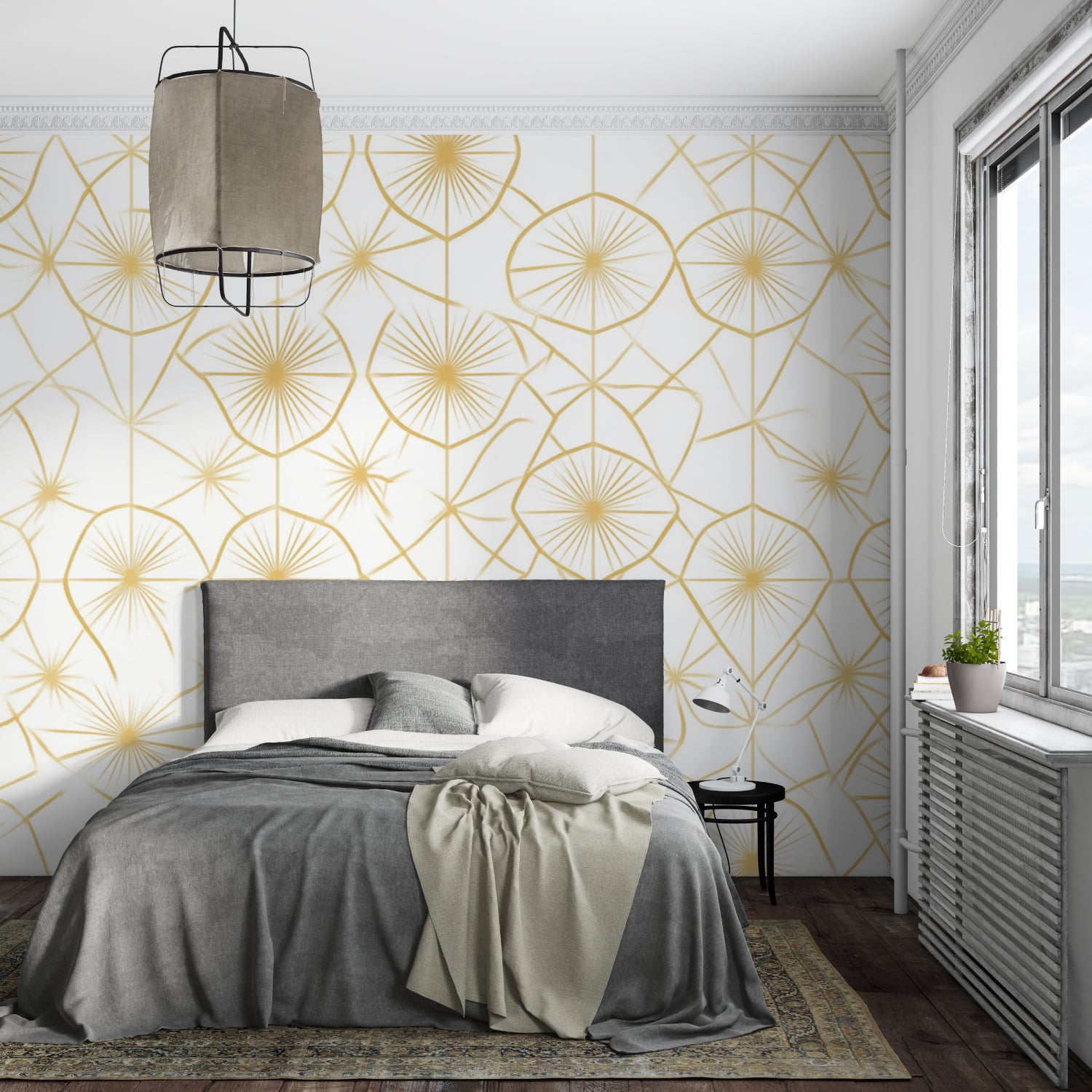 Geometric gold sunburst wallpaper in modern living room with white sofa and natural light