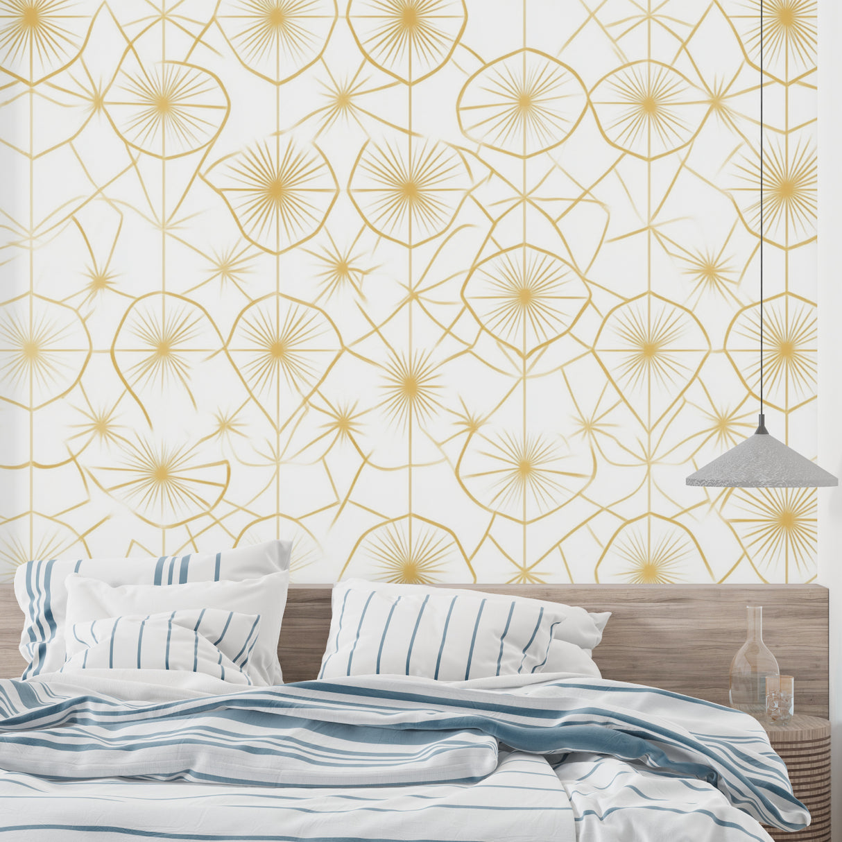 Art deco geometric wallpaper creating elegant backdrop in master bedroom