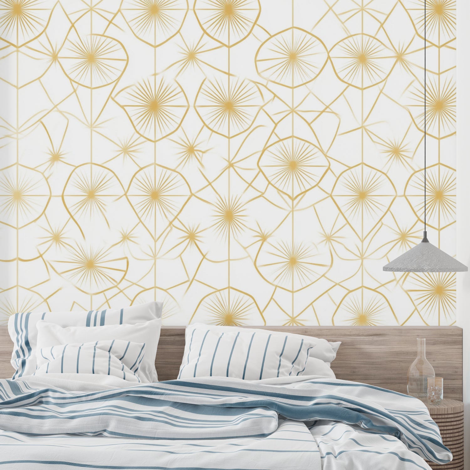 Art deco geometric wallpaper creating elegant backdrop in master bedroom