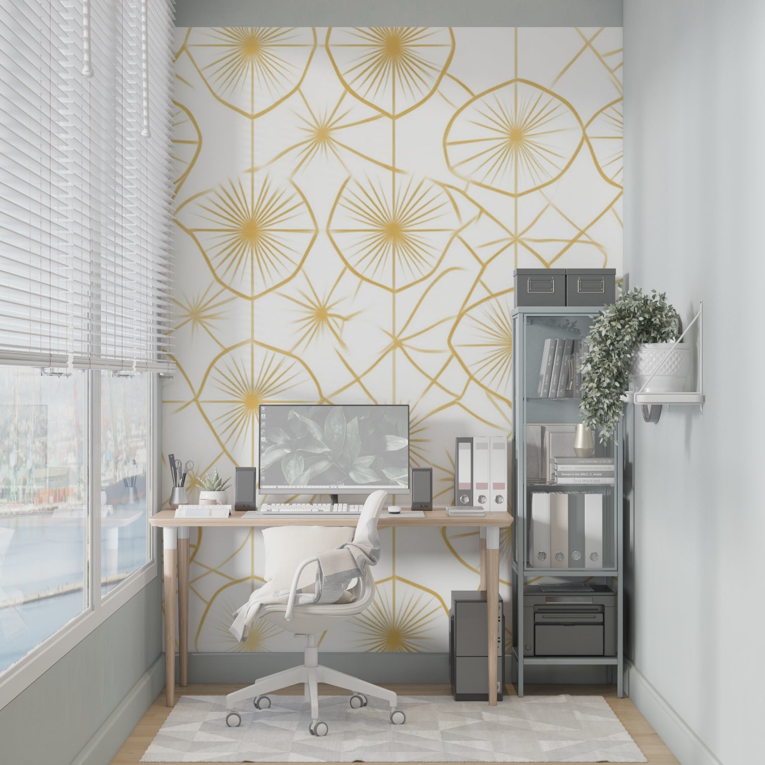 Gold sunburst pattern wallpaper adding glamour to dining room setting