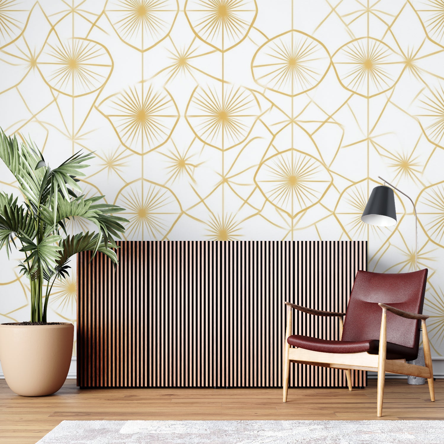 Geometric art deco wallpaper making statement in home office space