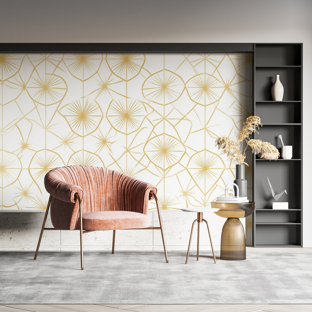 White and gold geometric pattern brightening modern hallway