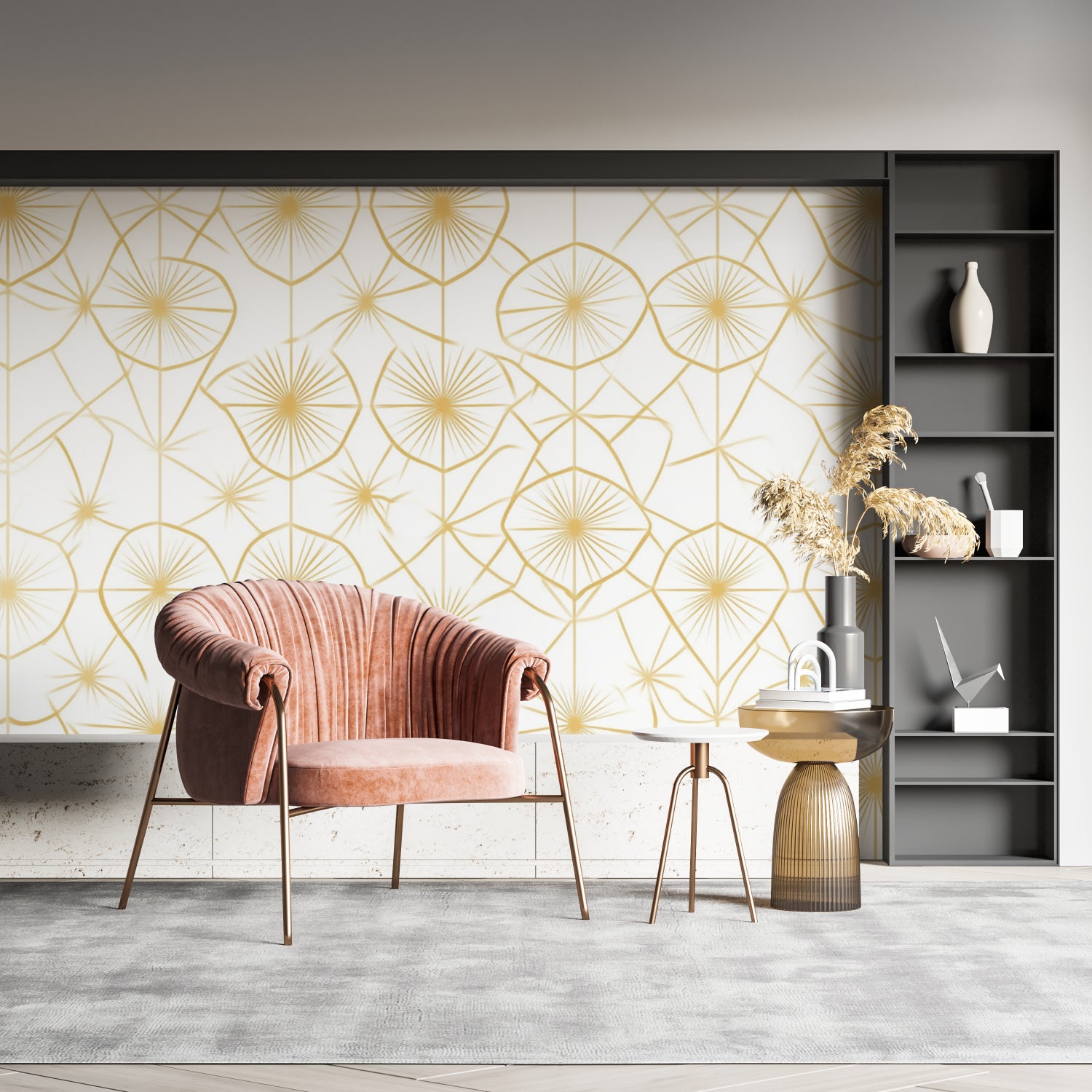 White and gold geometric pattern brightening modern hallway