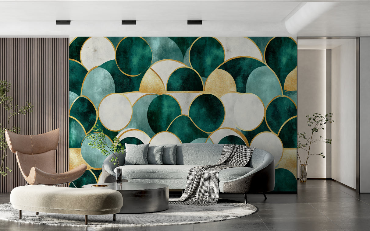 Green and gold geometric wallpaper in modern living room creating an elegant atmosphere