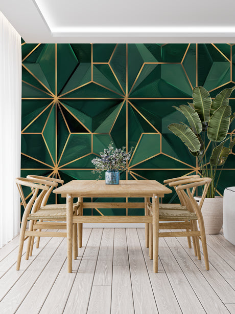 Geometric green and gold Art Deco wallpaper in modern living room with plush furniture
