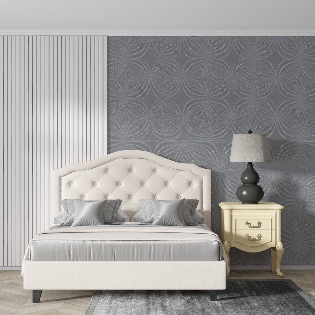 Modern grey geometric wallpaper in a bright living room, showcasing Art Deco pattern with natural light