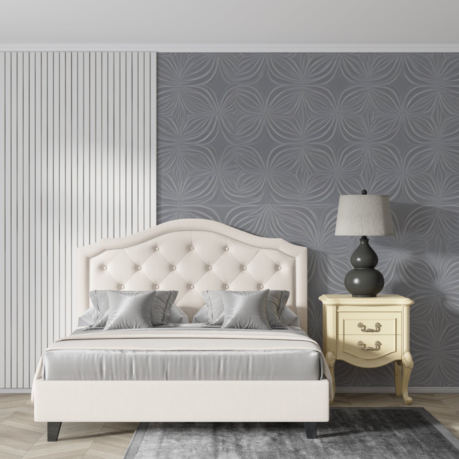 Modern grey geometric wallpaper in a bright living room, showcasing Art Deco pattern with natural light