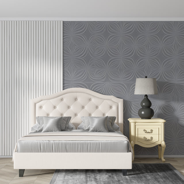 Modern grey geometric wallpaper in a bright living room, showcasing Art Deco pattern with natural light