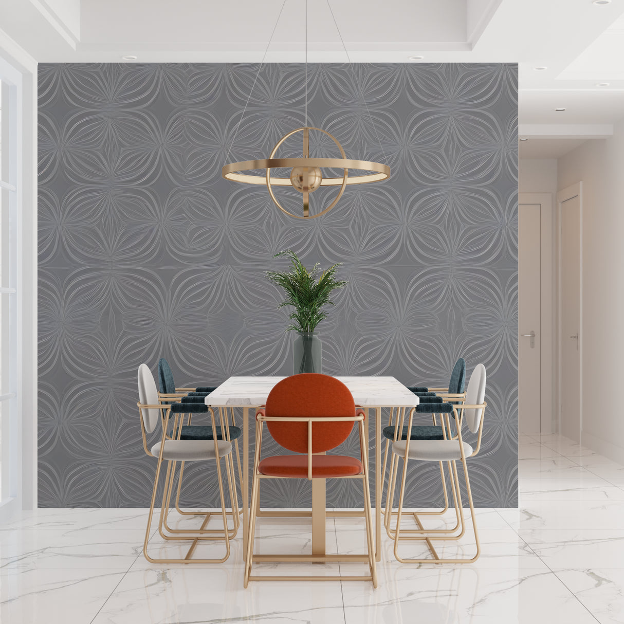 Art Deco grey geometric wallpaper as dining room feature wall with pendant lighting