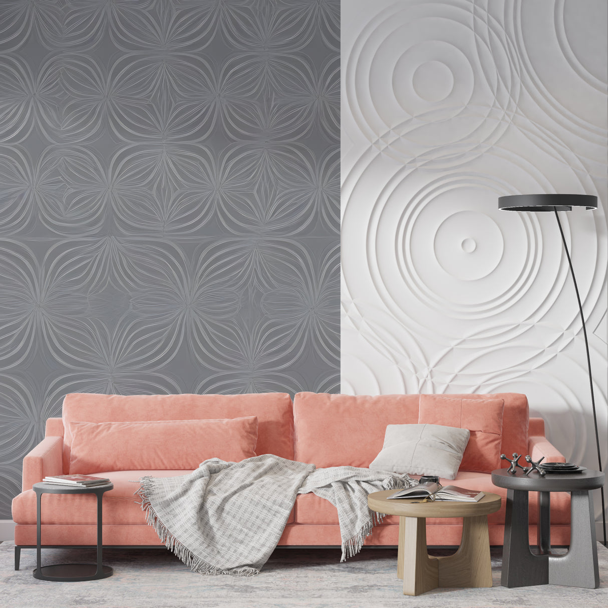 Grey geometric pattern wallpaper in home office setting with modern furniture