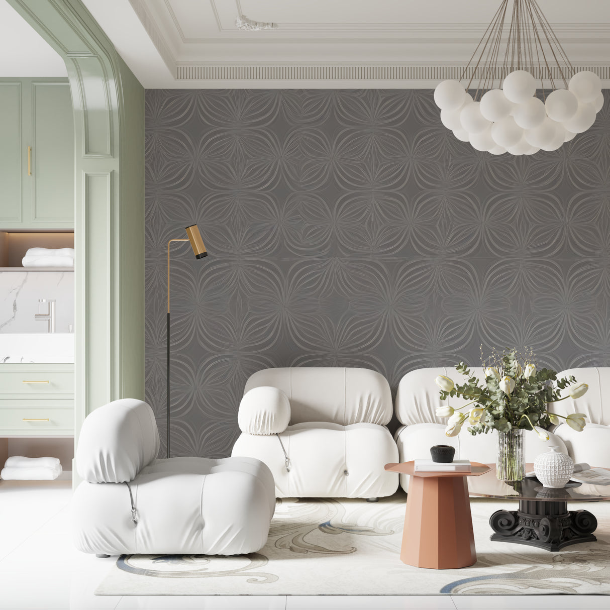 Art Deco geometric wallpaper in master bedroom creating elegant atmosphere