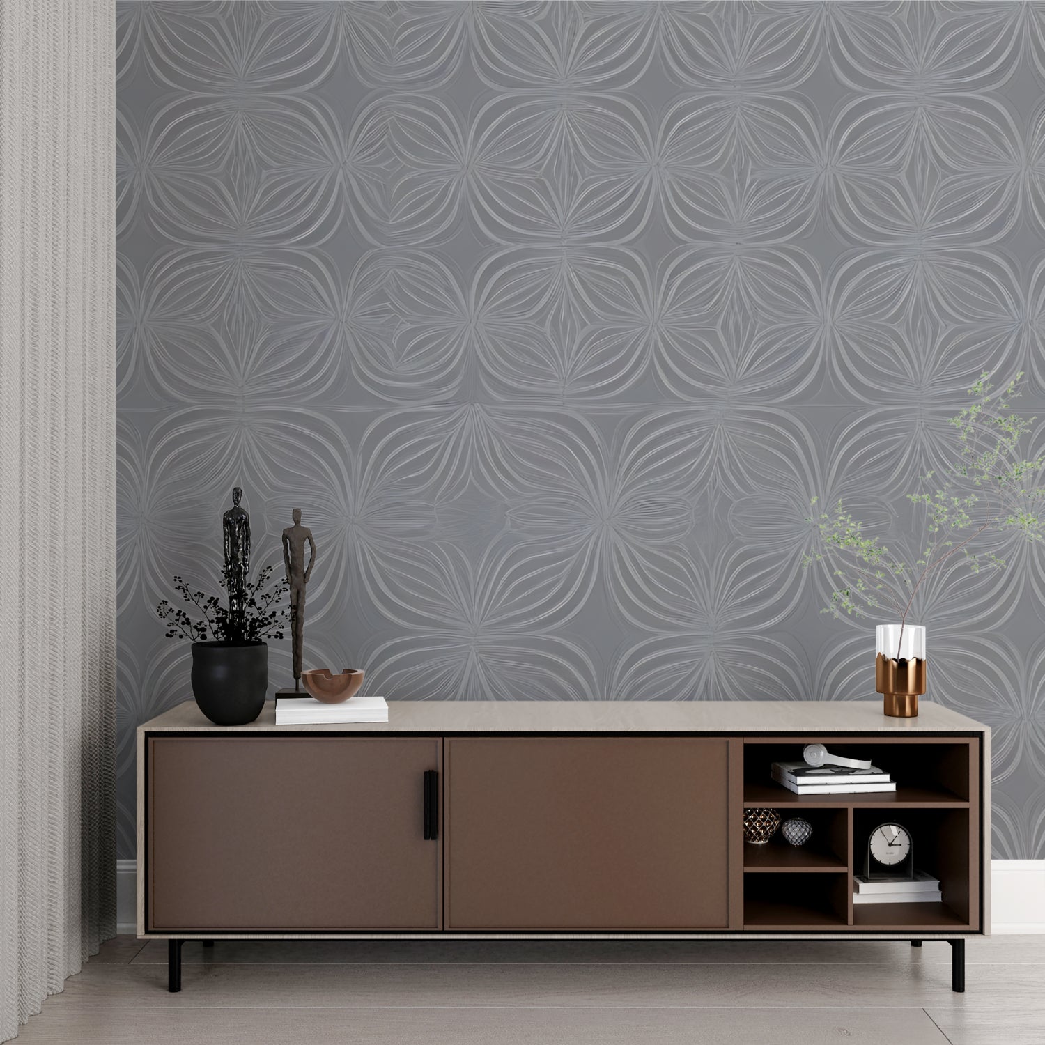 Modern grey geometric wallpaper in hallway with ambient lighting