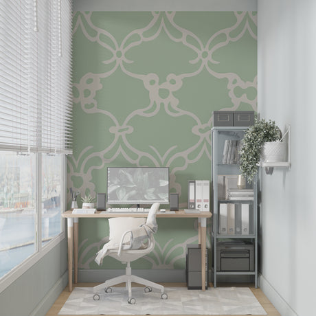 Art deco geometric wallpaper in sage green showcased in a bright modern living room with minimal furniture