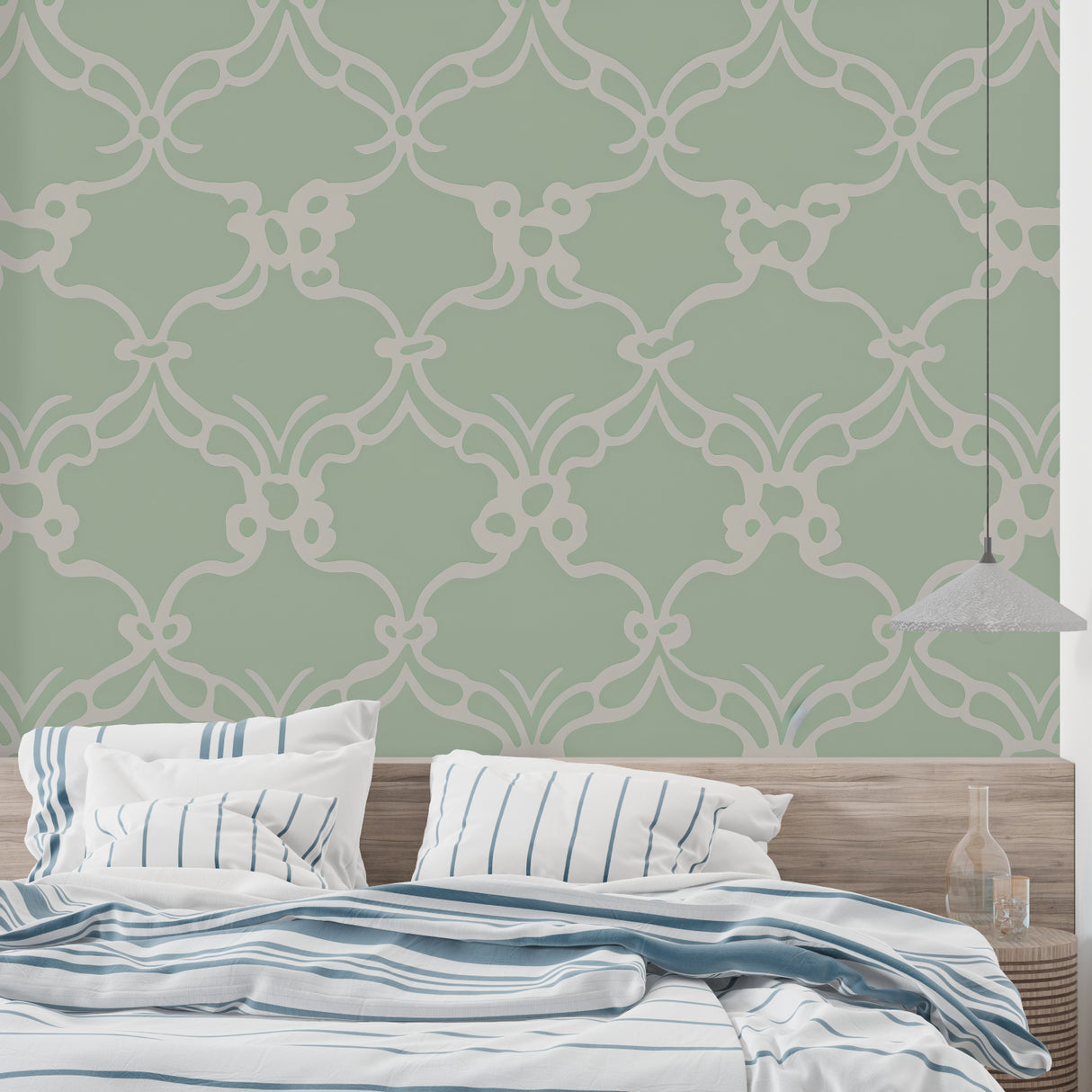 Geometric sage green wallpaper bringing calm to a master bedroom