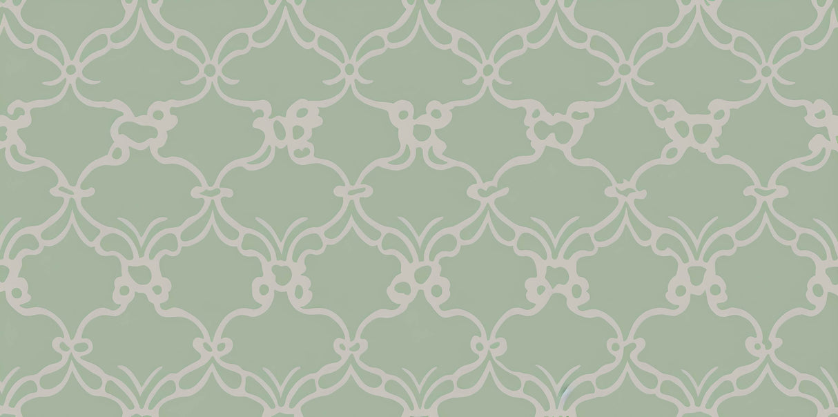 Design file showing the detailed art deco geometric pattern in sage green with flowing curves