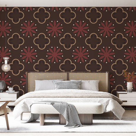 Geometric Art Deco wallpaper in a modern living room, showing quatrefoil pattern with warm terracotta florals