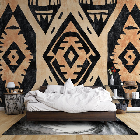 Geometric Aztec wallpaper in modern living room with black sofa and terracotta accents