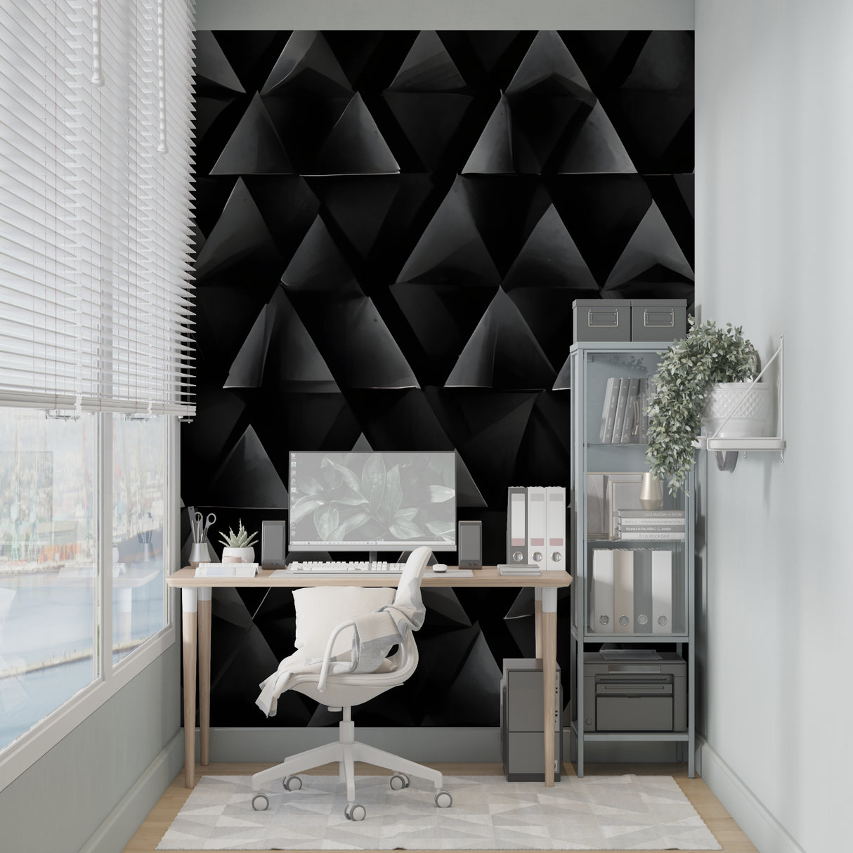 Dining room wall with modern black triangle geometric wallpaper making a bold statement