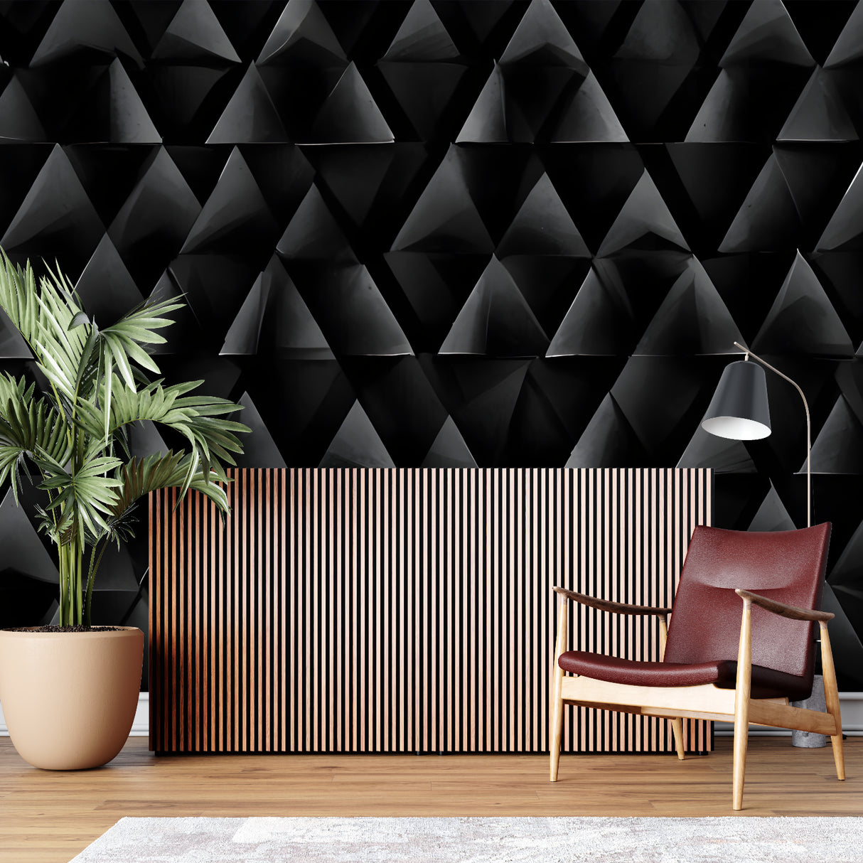 Contemporary bedroom showcasing 3D black geometric triangle pattern wallpaper