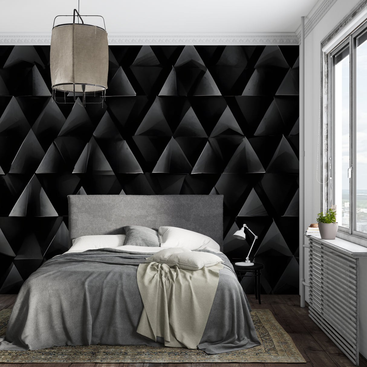Hallway with modern black 3D geometric wallpaper creating visual interest
