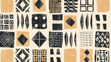 Black and gold geometric tribal pattern design file showing intricate abstract motifs and textures
