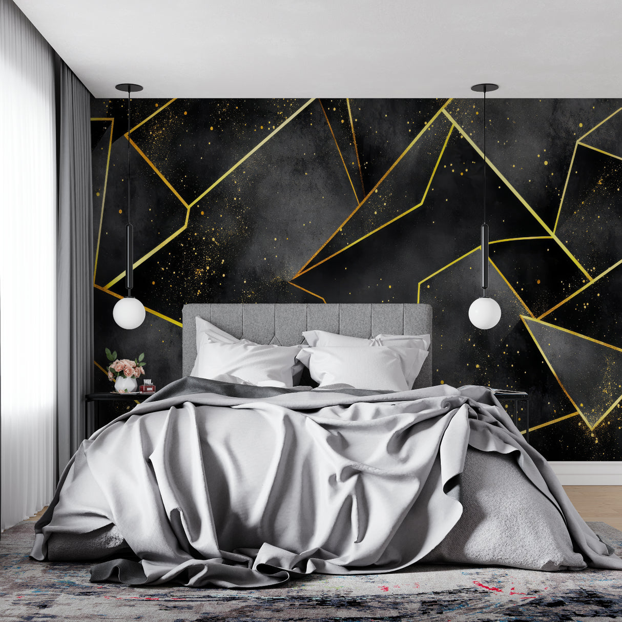 Modern black and gold geometric pattern enhancing a home office setup