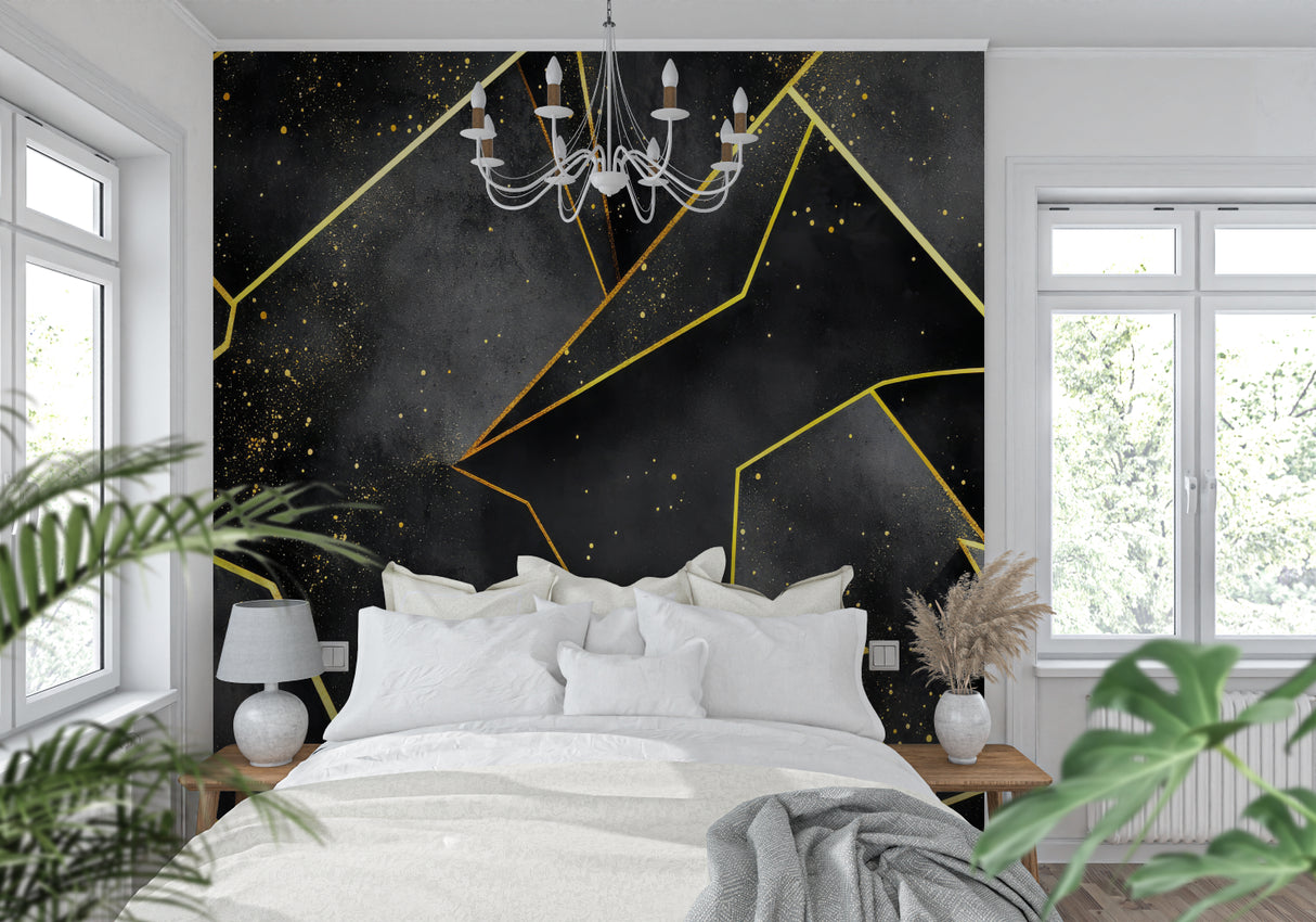 Angular geometric wallpaper making a statement in a contemporary bedroom