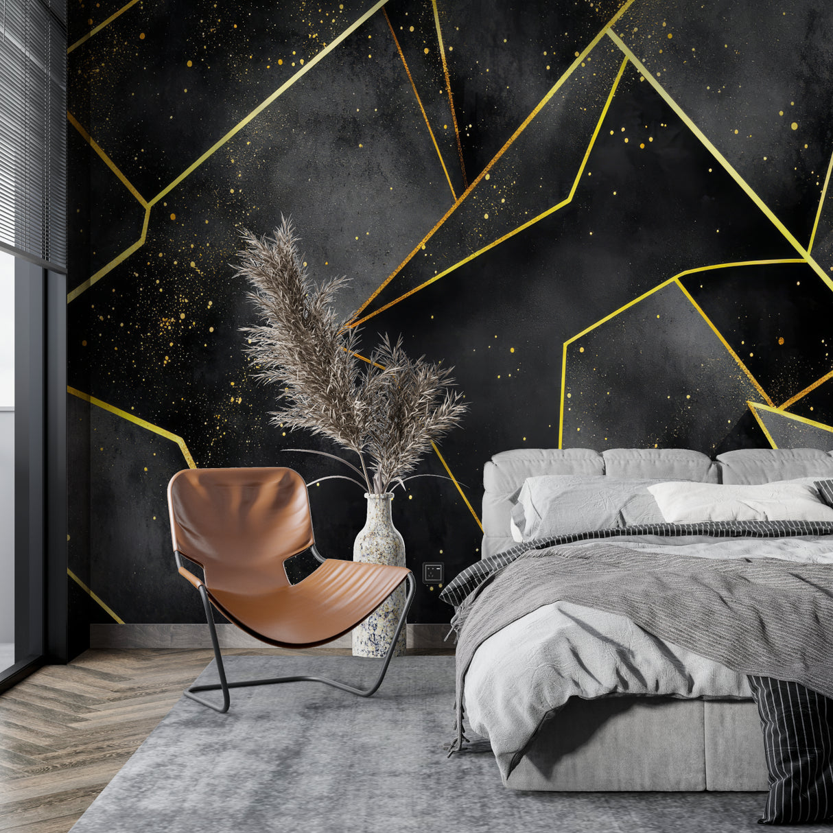 Dramatic geometric mural transforming an elegant entryway