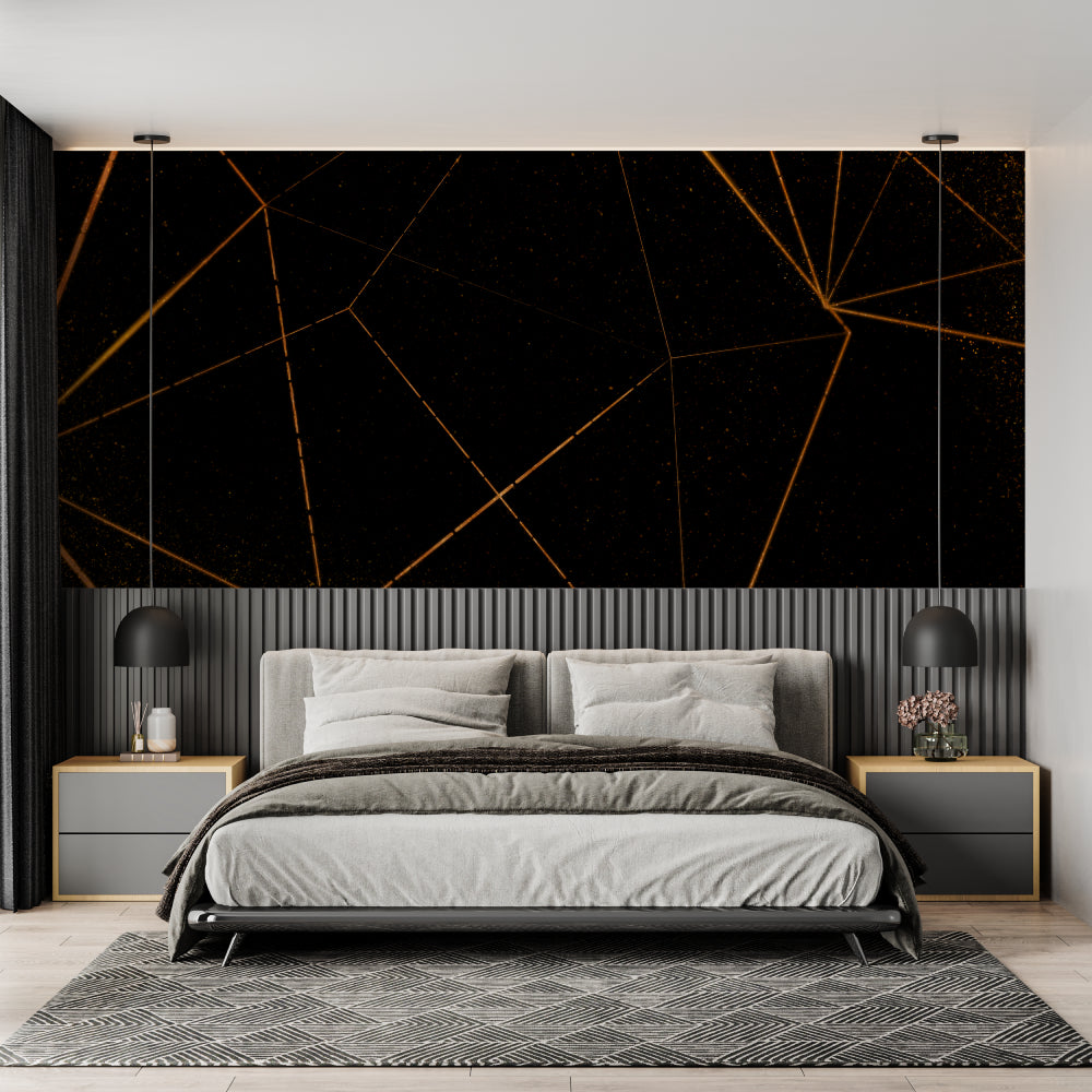 Modern geometric wallpaper installation in a home office with dramatic lighting