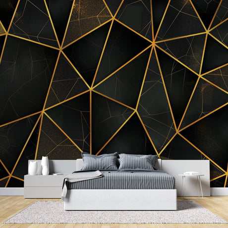 Geometric black and gold wallpaper in modern living room creating dramatic accent wall