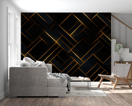 Black and gold geometric wallpaper in modern living room creating luxury atmosphere with clean lines