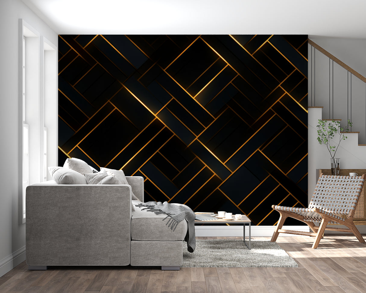 Black and gold geometric wallpaper in modern living room creating luxury atmosphere with clean lines