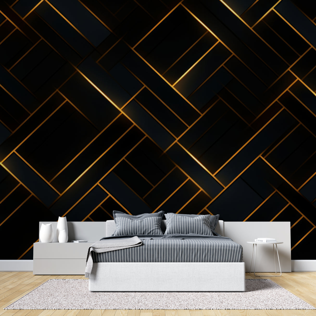 Art deco geometric wallpaper bringing elegance to master bedroom with gold accents