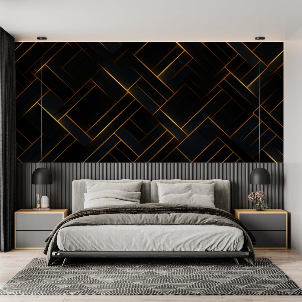 Black and gold art deco wallpaper making statement in dining room with modern furniture