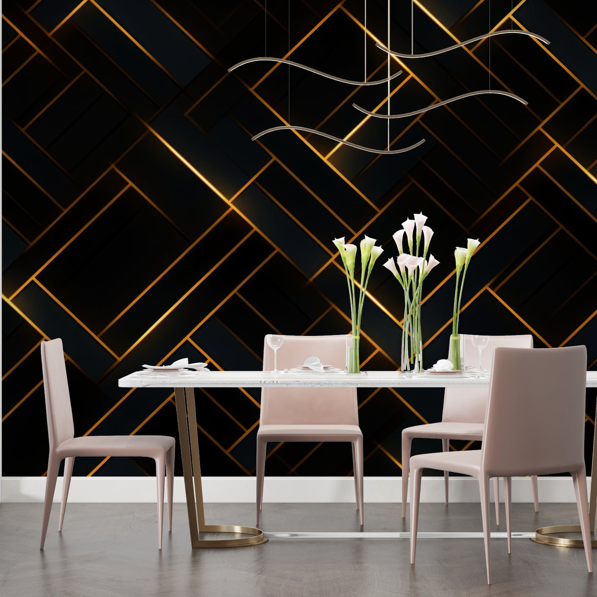 Geometric pattern wallpaper adding luxury feel to home office space with black and gold design