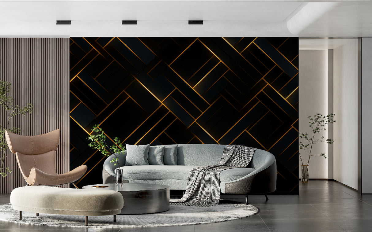 Art deco wall mural transforming hallway with striking black and gold geometric pattern
